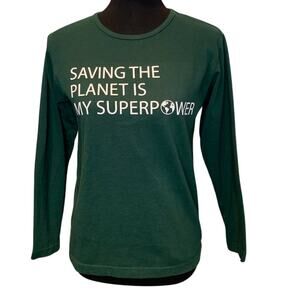 Hand Printed Upcycled Womens Small Saving the Planet Superpower Long Cotton Tee